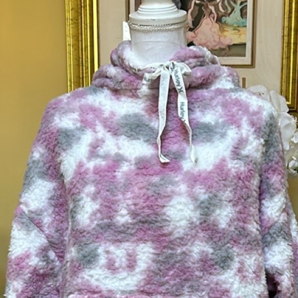 Hurley Fleece Camo Kangaroo Pocket Pink White Grey Pullover Boyfriend Hoodie Lrg - Picture 4 of 16